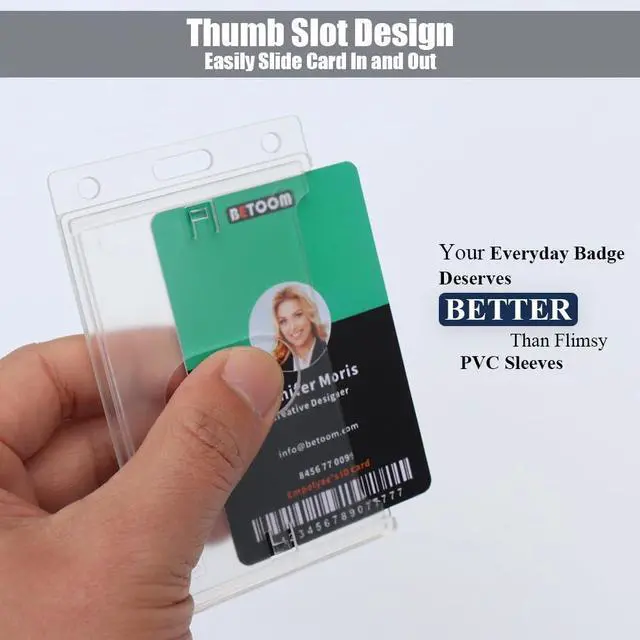 Alt view image 5 of 7 - Bulk 50 Pack Vertical Hard Plastic Badge Holder, Frosted Clear | Heavy Duty ABS, Easy Thumb Access, RFID Compatible ID Card Protector for Lanyard, Reel, Employees, Medical, School