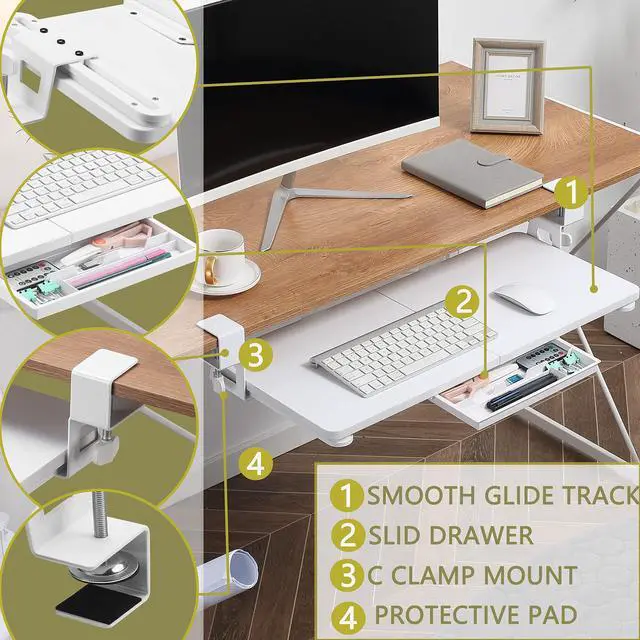 Alt view image 6 of 7 - Keyboard Tray Under Desk, 19.7' X 11.81" Small Size Keyboard Drawer with C Clamp-on Mount Easy to Install, Computer Keyboard Stand Slide Pull Out, Ergonomic Keyboard Tray for Home, Office