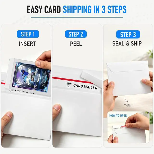 Alt view image 4 of 7 - 500 Pack Trading Card Mailer Envelopes, 7" x 4.35" White Card Shipping Envelopes, Self-Seal Shell Mailers with Easy-Open Tear Strip for Toploaders, Semi-Rigid Holders, Sports Cards & TCG