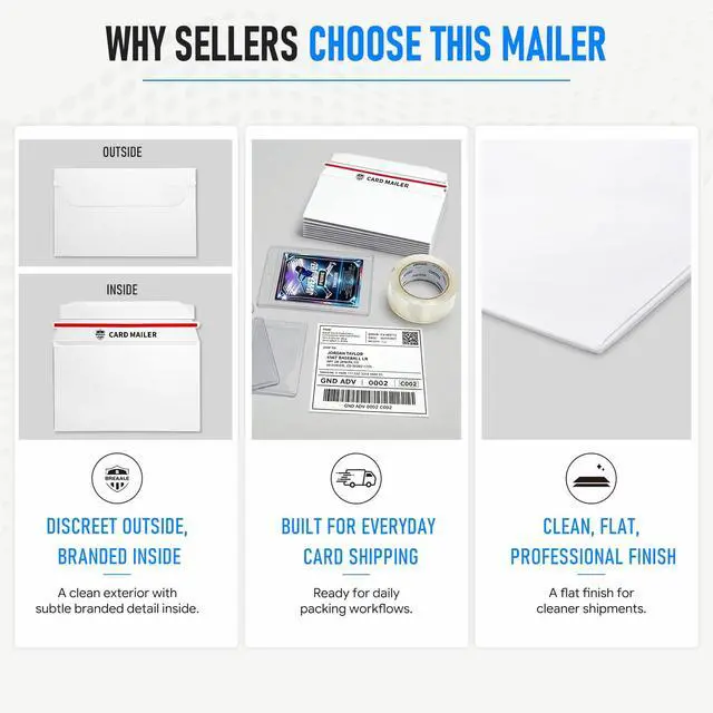 Alt view image 5 of 7 - 500 Pack Trading Card Mailer Envelopes, 7" x 4.35" White Card Shipping Envelopes, Self-Seal Shell Mailers with Easy-Open Tear Strip for Toploaders, Semi-Rigid Holders, Sports Cards & TCG