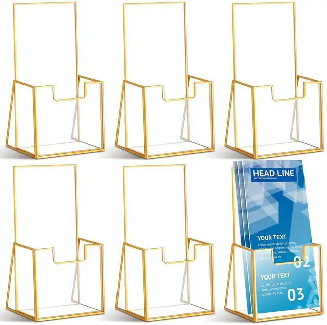 Main image of 6 Pcs Gold Glass Brochure Holder for 4 Inch Pamphlets Trifold Literature Holder Tabletop Clear Stand Pamphlet Flyer Brochure Display Stand for Magazine Booklets Menu Journals