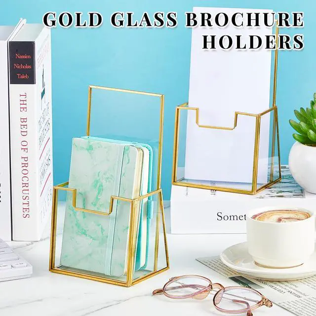 Alt view image 6 of 7 - 6 Pcs Gold Glass Brochure Holder for 4 Inch Pamphlets Trifold Literature Holder Tabletop Clear Stand Pamphlet Flyer Brochure Display Stand for Magazine Booklets Menu Journals