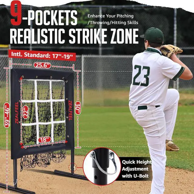 Alt view image 2 of 7 - Baseball Pitching Net, 9 Hole Pitching Target Net with Strike Zone, 5 Height Adjustable Throwing Trainer, Heavy Duty Baseball Softball Net with Carry Bag for Solo Practice