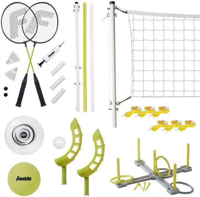 Main image of Fun 5 Combo Outdoor Game Set - Backyard, Beach + Camping Games for Kids - Badminton, Volleyball, Flip Toss, Flying Disc - Horseshoes or Ring Toss