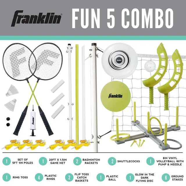 Alt view image 2 of 7 - Fun 5 Combo Outdoor Game Set - Backyard, Beach + Camping Games for Kids - Badminton, Volleyball, Flip Toss, Flying Disc - Horseshoes or Ring Toss