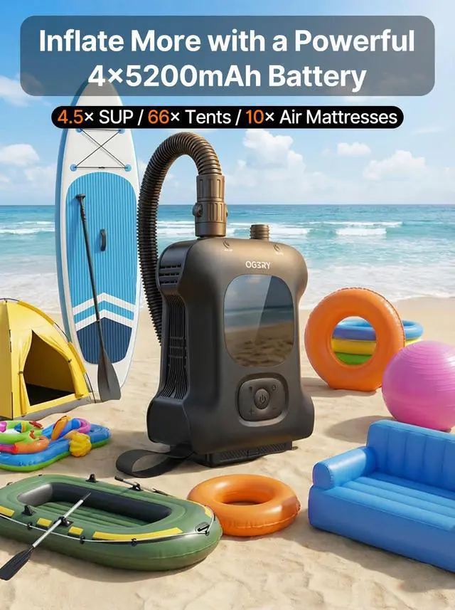 Alt view image 2 of 7 - Paddle Board Electric Pump, Inflates 4.5 SUPs Long-Lasting Battery, 20PSI SUP Pump Auto-Off Dual Stage Fast Inflation & Deflation, Cordless Rechargeable Air Pump for SUP Kayak Boat Tent