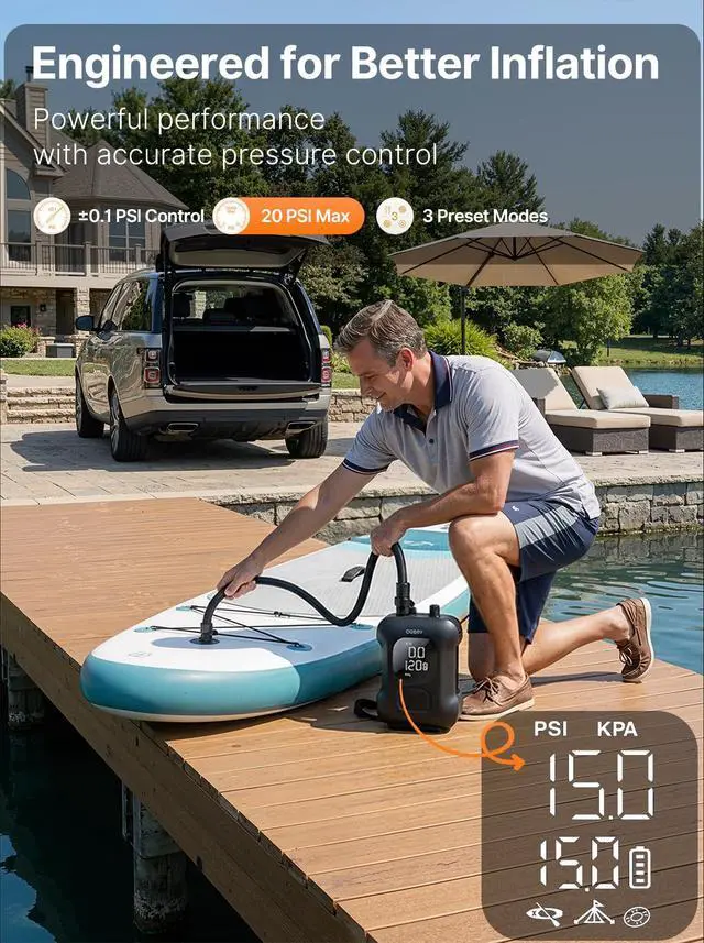 Alt view image 4 of 7 - Paddle Board Electric Pump, Inflates 4.5 SUPs Long-Lasting Battery, 20PSI SUP Pump Auto-Off Dual Stage Fast Inflation & Deflation, Cordless Rechargeable Air Pump for SUP Kayak Boat Tent