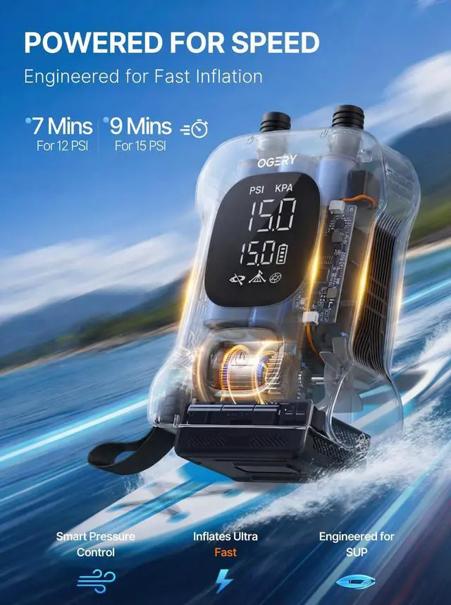 Alt view image 7 of 7 - Paddle Board Electric Pump, Inflates 4.5 SUPs Long-Lasting Battery, 20PSI SUP Pump Auto-Off Dual Stage Fast Inflation & Deflation, Cordless Rechargeable Air Pump for SUP Kayak Boat Tent