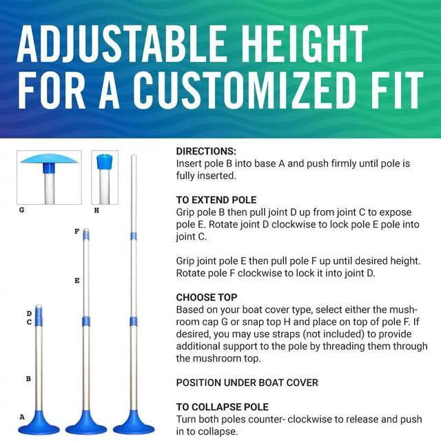 Alt view image 4 of 7 - Boat Cover Support Poles 2 Pack, Adjustable Twist Lock, Snap and Mushroom Tops Included, Marine Grade Aluminum for Pontoon Jon Boat Tarp