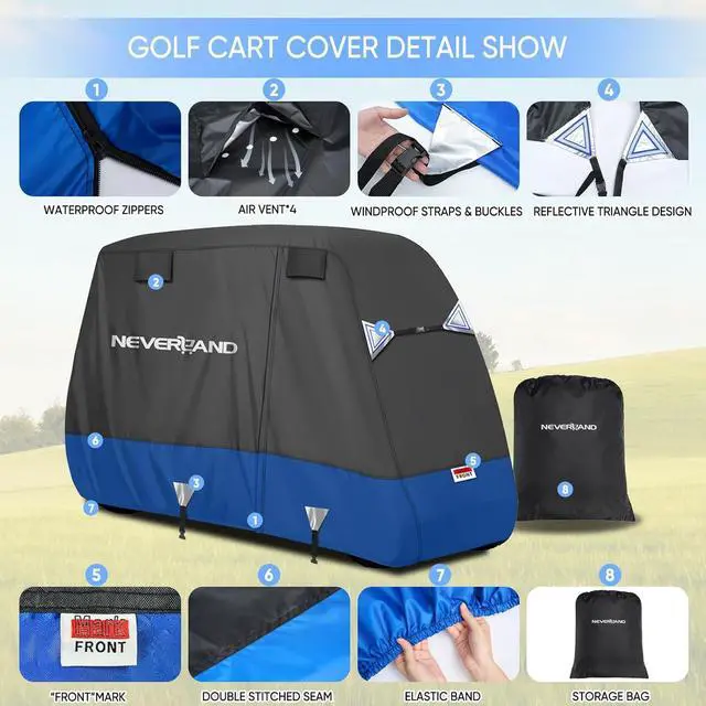 Alt view image 3 of 7 - Golf Cart Cover 4 Passenger 600D Heavy Duty Outdoor Waterproof | Side Zipper Door, Air Vents, Triangular Straps All Weather Protection for EZGO Yamaha Club Car 4 Seat (Up to 115 Inch)