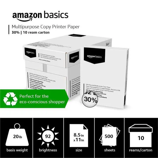 Alt view image 3 of 7 - 30% Recycled Multipurpose Copy & Print Paper, 8.5 x 11 Inches, 20 lb Weight, 92 Bright, White, Certified, 5000 Sheets (10 Reams)
