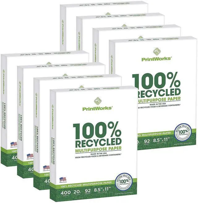 Main image of 100% Recycled Printer Paper 8.5" x 11" White - 20 lb Copy & Multipurpose Computer Paper - 8 Packs, 3200 Sheets - Made in the USA - 92 Bright - Printer & Copier Compatible (00018-8)