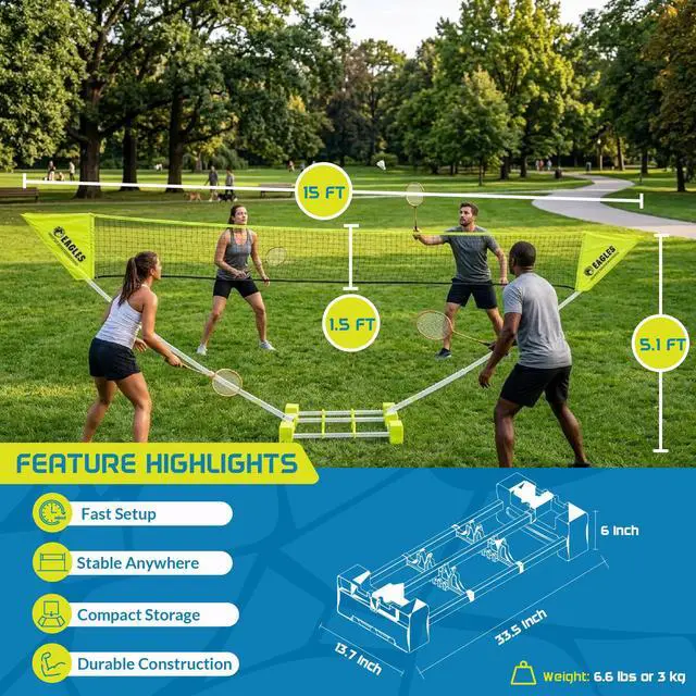 Alt view image 3 of 7 - Complete Portable Badminton Set - Quick & Easy Setup - 4 Rackets 2 Birdies Shuttlecock 1 Net & Badmington Pole Frame for Backyard Park & Beach Games Indoor Outdoor