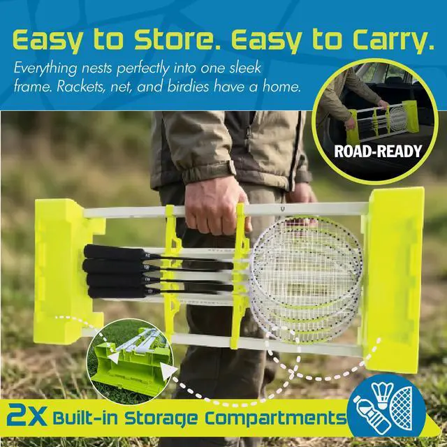 Alt view image 5 of 7 - Complete Portable Badminton Set - Quick & Easy Setup - 4 Rackets 2 Birdies Shuttlecock 1 Net & Badmington Pole Frame for Backyard Park & Beach Games Indoor Outdoor