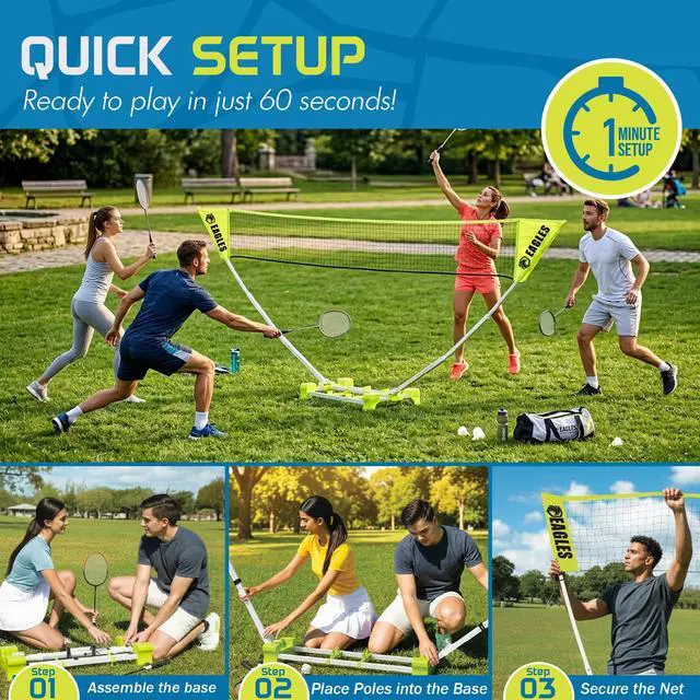 Alt view image 2 of 7 - Complete Portable Badminton Set - Quick & Easy Setup - 4 Rackets 2 Birdies Shuttlecock 1 Net & Badmington Pole Frame for Backyard Park & Beach Games Indoor Outdoor