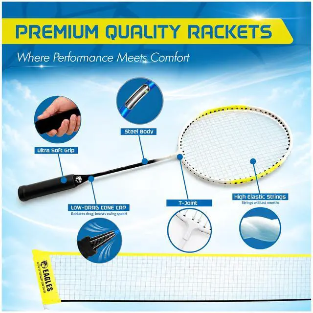 Alt view image 6 of 7 - Complete Portable Badminton Set - Quick & Easy Setup - 4 Rackets 2 Birdies Shuttlecock 1 Net & Badmington Pole Frame for Backyard Park & Beach Games Indoor Outdoor