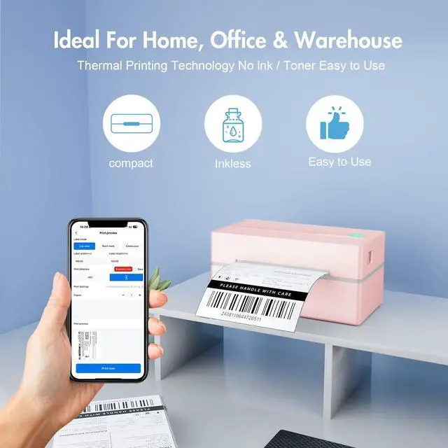 Alt view image 6 of 7 - Thermal Shipping Label Printer 4x6 Bluetooth Label Maker for Small Business | Wireless Mailing Shipping Printer for USPS UPS Amazon Shopify Etsy - Compatible with iPhone Android Windows & Mac (Pink)