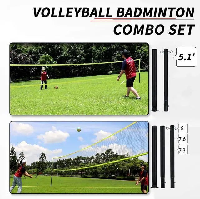 Alt view image 2 of 7 - 20FT/32FT Volleyball & Badminton Combo Sets for Backyard | Adjustable Height Poles System, Anti-Sag Net, Volley ball, Racket Set, Boundary Line, Carry Bag, Complete Set for Family fun