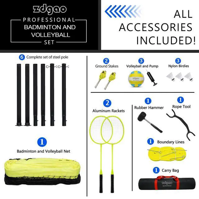 Alt view image 7 of 7 - 20FT/32FT Volleyball & Badminton Combo Sets for Backyard | Adjustable Height Poles System, Anti-Sag Net, Volley ball, Racket Set, Boundary Line, Carry Bag, Complete Set for Family fun