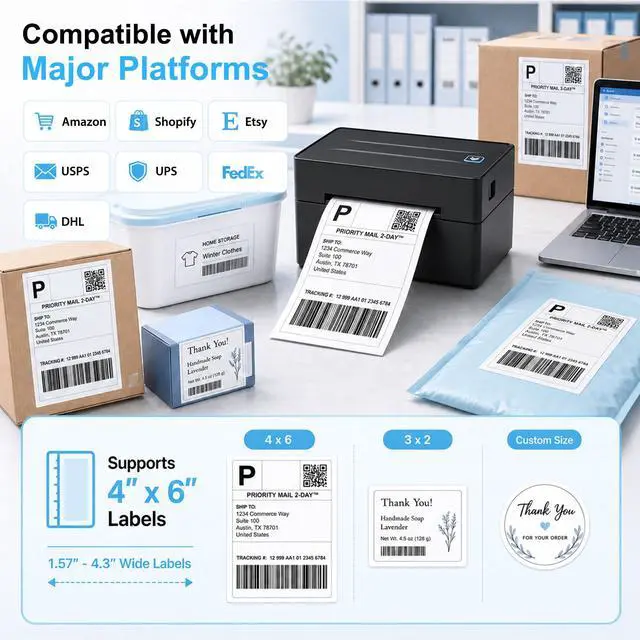Alt view image 3 of 7 - Thermal Shipping Label Printer 4x6 Bluetooth Label Maker for Small Business | Wireless Mailing Shipping Printer for USPS UPS Amazon Shopify Etsy - Compatible with iPhone Android Windows & Mac (Black)