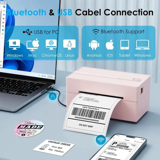 Alt view image 2 of 7 - Bluetooth Thermal Shipping Label Printer, 4x6 Portable Thermal Address Label Printer for Small Business, Compatible with iPhone,Android,Windows,Mac,Works with Etsy Shopify USPS&More, Pink
