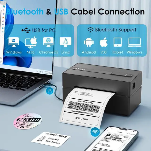 Alt view image 2 of 7 - Bluetooth Thermal Shipping Label Printer, 4x6 Portable Thermal Address Label Printer for Small Business, Compatible with iPhone,Android,Windows,Mac,Works with Etsy Shopify USPS&More, Black