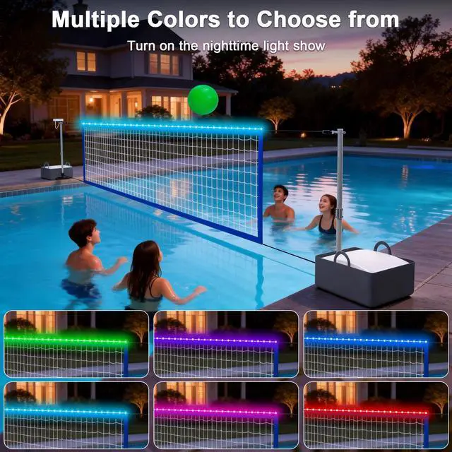 Alt view image 3 of 7 - Pool Volleyball Net Set with High Brightness LED Solar Powered Lights, 15ft-32ft Adjustable Portable Volleyball Net with 40L Weighted Base for Inground Pools, 2 Ball & Pump for Family Fun, Party Games