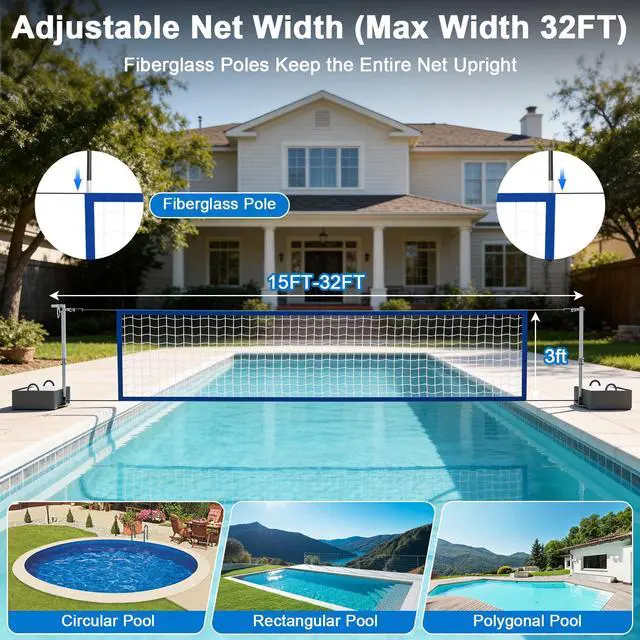 Alt view image 4 of 7 - Pool Volleyball Net Set with High Brightness LED Solar Powered Lights, 15ft-32ft Adjustable Portable Volleyball Net with 40L Weighted Base for Inground Pools, 2 Ball & Pump for Family Fun, Party Games