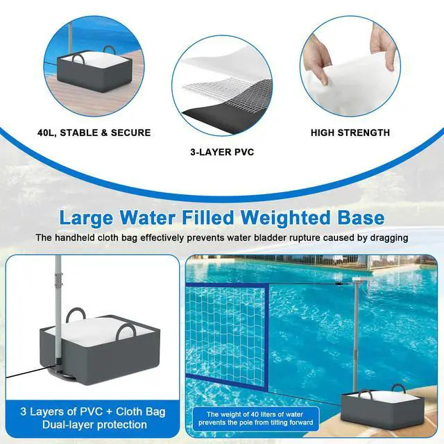 Alt view image 5 of 7 - Pool Volleyball Net Set with High Brightness LED Solar Powered Lights, 15ft-32ft Adjustable Portable Volleyball Net with 40L Weighted Base for Inground Pools, 2 Ball & Pump for Family Fun, Party Games