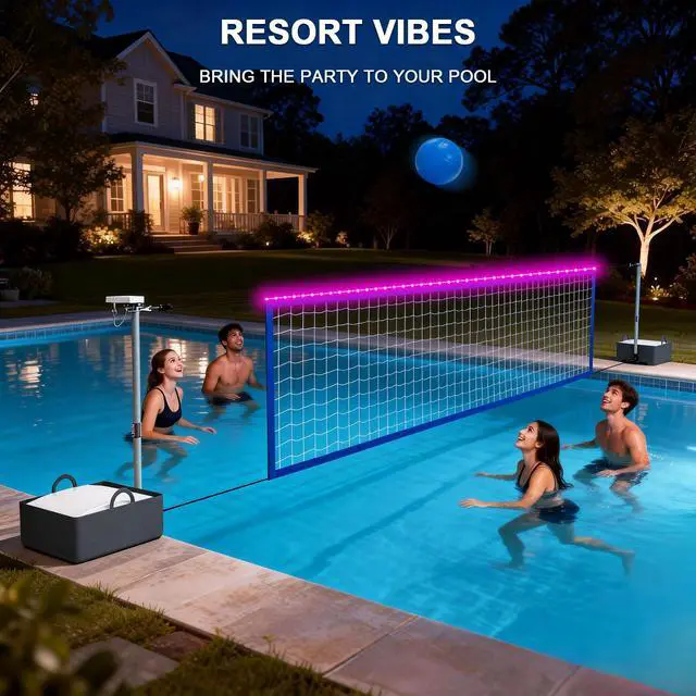 Alt view image 7 of 7 - Pool Volleyball Net Set with High Brightness LED Solar Powered Lights, 15ft-32ft Adjustable Portable Volleyball Net with 40L Weighted Base for Inground Pools, 2 Ball & Pump for Family Fun, Party Games