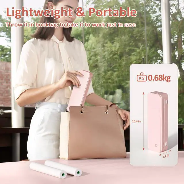Alt view image 2 of 7 - Inkless Portable Printer for Travel, Wireless Thermal Printer Supports 8.5 x 11 Inch US Letter Size, Bluetooth Machine Includes Carry Case and 3 Rolls of Thermal Paper Kit, Pink