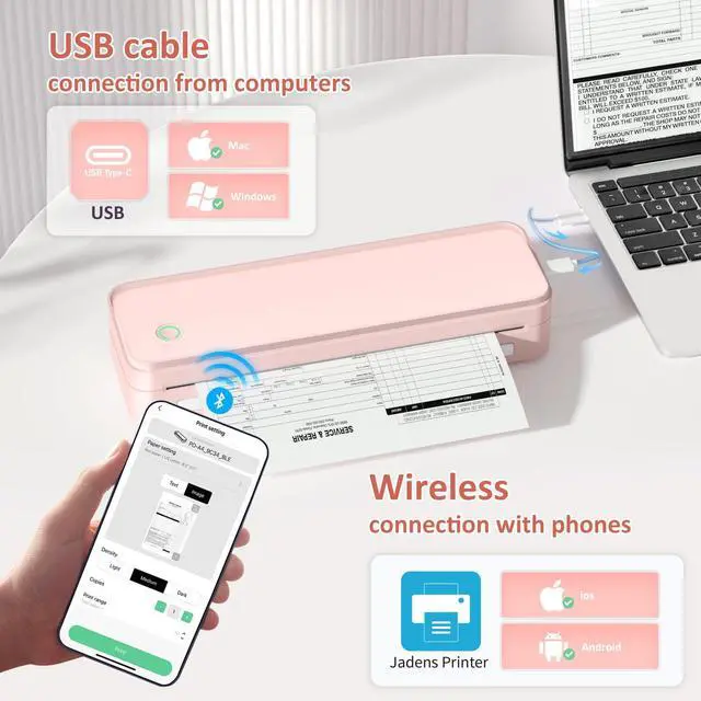 Alt view image 3 of 7 - Inkless Portable Printer for Travel, Wireless Thermal Printer Supports 8.5 x 11 Inch US Letter Size, Bluetooth Machine Includes Carry Case and 3 Rolls of Thermal Paper Kit, Pink