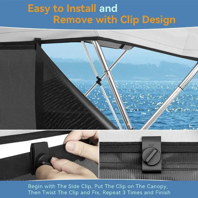 Alt view image 4 of 7 - Detachable Clip in Bimini Top Mesh Sidewalls, Boat Sun Shade Universal Fit for 4 Bow Bimini Tops, with Straps Clips (Bimini Tops Not Included)