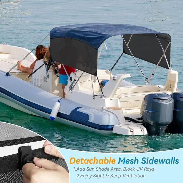 Alt view image 3 of 7 - Detachable Clip in Bimini Top Mesh Sidewalls, Boat Sun Shade Universal Fit for 4 Bow Bimini Tops, with Straps Clips (Bimini Tops Not Included)