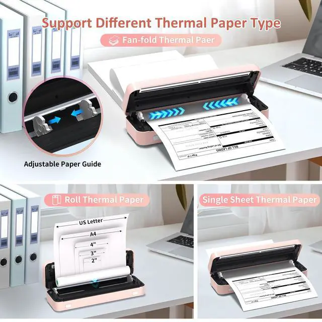 Alt view image 7 of 7 - Inkless Portable Printer for Travel, Wireless Thermal Printer Supports 8.5 x 11 Inch US Letter Size, Bluetooth Machine Includes Carry Case and 3 Rolls of Thermal Paper Kit, Pink