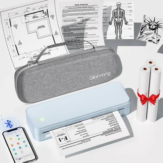 Main image of Inkless Portable Printer for Travel, Wireless Thermal Printer Supports 8.5" x 11" US Letter Size, Bluetooth Machine Includes Carry Case and 3 Rolls of Thermal Paper Kit, Blue