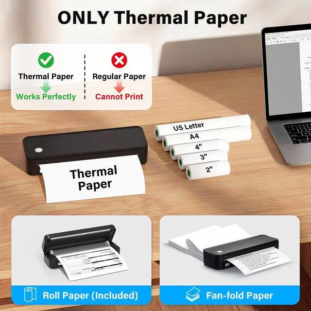 Alt view image 3 of 7 - Inkless Portable Printer for Travel, Wireless Thermal Printer Supports 8.5 x 11 Inch Thermal Paper, Bluetooth Machine Includes Carry Case and 3 Rolls of Paper Kit, Black