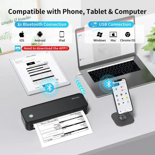 Alt view image 4 of 7 - Inkless Portable Printer for Travel, Wireless Thermal Printer Supports 8.5 x 11 Inch Thermal Paper, Bluetooth Machine Includes Carry Case and 3 Rolls of Paper Kit, Black