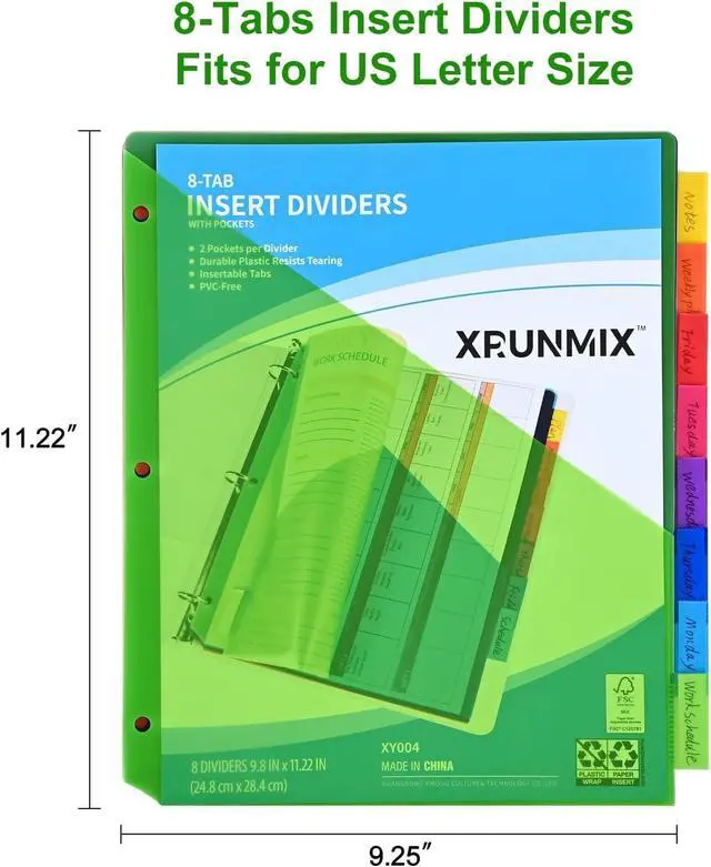 Alt view image 2 of 6 - 8-Tab Binder Dividers - Index Pockets Divider for 3 Ring Binders, 3-Hole Plastics Sheets Protectors for US Letter Size in 0.5'', 1'', 2'', 3 inch Binders, 8 Colors (XY004) (24 Packs)
