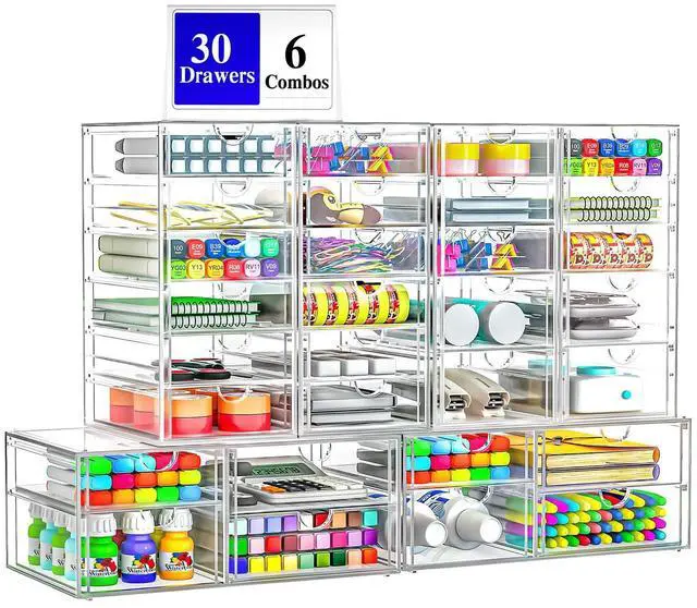 Main image of 30-Drawer Acrylic Storage & Makeup Organizer for Desk, Bath | Smooth-glide drawers, clear acrylic, stackable, dustproof, wipe-clean, for perler beads, rhinestones, googly eyes, lego bits