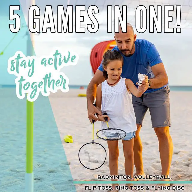 Alt view image 3 of 7 - Fun 5 Combo Outdoor Game Set - Backyard, Beach + Camping Games for Kids - Badminton, Volleyball, Flip Toss, Flying Disc - Horseshoes or Ring Toss