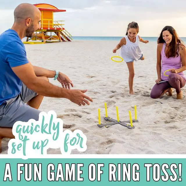 Alt view image 5 of 7 - Fun 5 Combo Outdoor Game Set - Backyard, Beach + Camping Games for Kids - Badminton, Volleyball, Flip Toss, Flying Disc - Horseshoes or Ring Toss