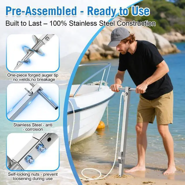 Alt view image 2 of 7 - 22" 44.5" Screw-in Sand Anchor Pole, One-Piece Non-Welded Auger, 304 Stainless Steel, Self-Locking Nuts - Heavy Duty Shallow Water Anchor for Boat, Jet Ski, Kayak, Pontoon, PWC