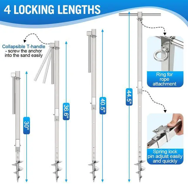 Alt view image 3 of 7 - 22" 44.5" Screw-in Sand Anchor Pole, One-Piece Non-Welded Auger, 304 Stainless Steel, Self-Locking Nuts - Heavy Duty Shallow Water Anchor for Boat, Jet Ski, Kayak, Pontoon, PWC