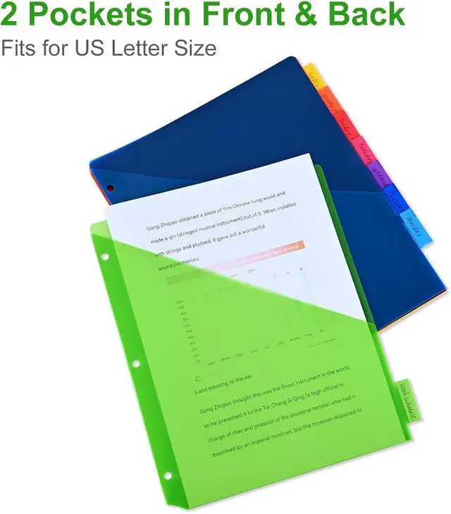Alt view image 4 of 6 - 8-Tab Binder Dividers - Index Pockets Divider for 3 Ring Binders, 3-Hole Plastics Sheets Protectors for US Letter Size in 0.5'', 1'', 2'', 3 inch Binders, 8 Colors (XY004) (24 Packs)