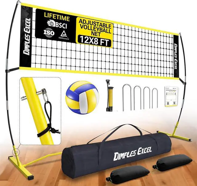 Main image of 12x8 FT Professional Portable Volleyball Net Set with 4 Adjustable Height Levels (5.058 FT), Includes Volleyball, Pump, Carry Bag and Sandbags for Indoor/Outdoor Training