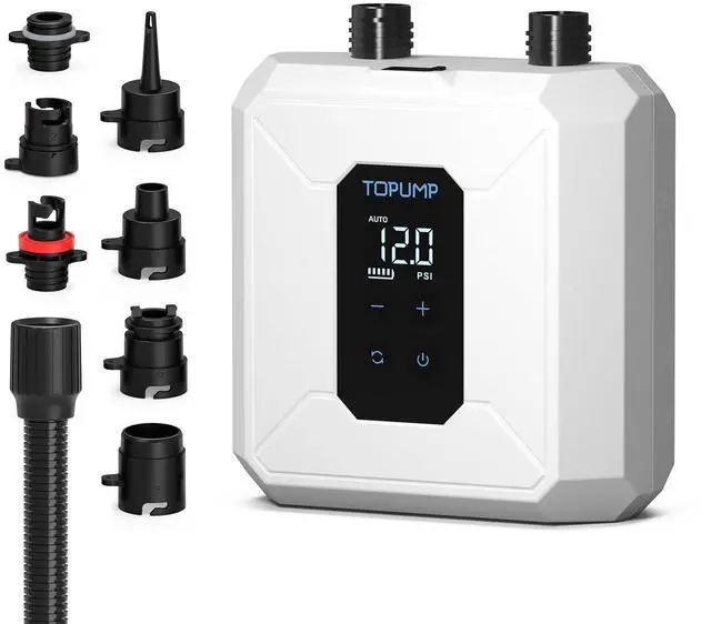 Main image of Electric Paddle Board Pump, Cordless Rechargeable SUP Pump | 20PSI, Portable, Battery Operated, Auto Shut-Off, Dual-Stage Inflation & Deflation, 7 Nozzles, for SUPs, Kayaks, Boats, Tents