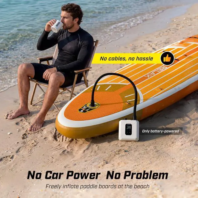 Alt view image 3 of 7 - Electric Paddle Board Pump, Cordless Rechargeable SUP Pump | 20PSI, Portable, Battery Operated, Auto Shut-Off, Dual-Stage Inflation & Deflation, 7 Nozzles, for SUPs, Kayaks, Boats, Tents