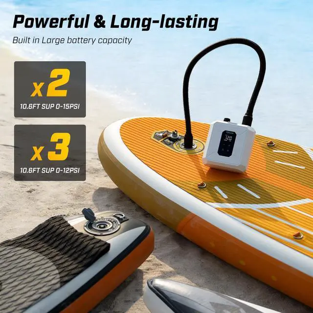 Alt view image 5 of 7 - Electric Paddle Board Pump, Cordless Rechargeable SUP Pump | 20PSI, Portable, Battery Operated, Auto Shut-Off, Dual-Stage Inflation & Deflation, 7 Nozzles, for SUPs, Kayaks, Boats, Tents