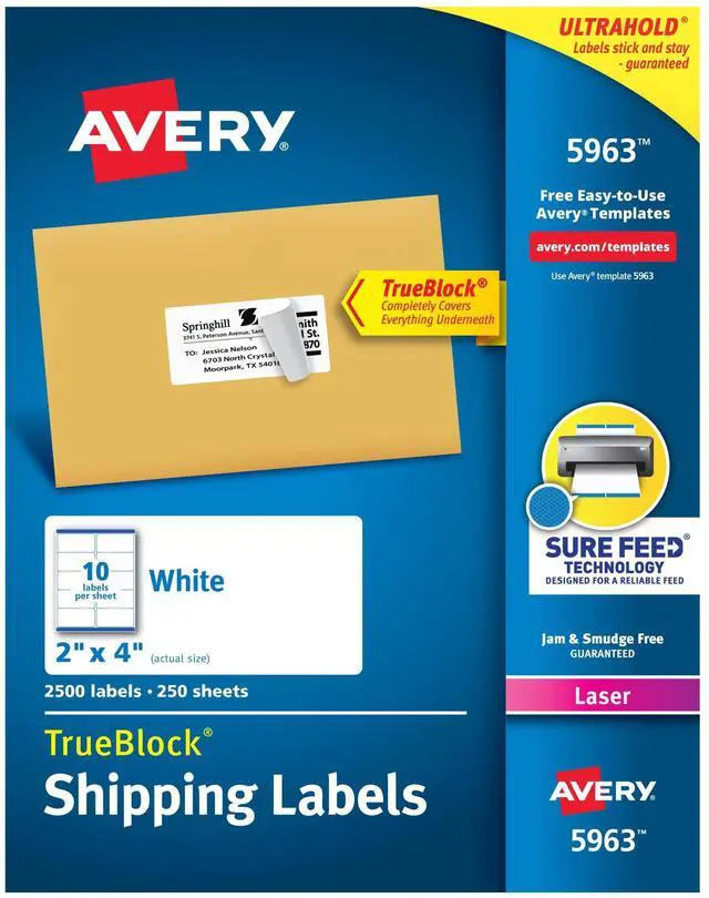 Main image of Printable Shipping Labels with Sure Feed, 2" x 4" Customizable Stickers, White, 2,500 Blank Mailing Labels, Great for Mailing, Shipping, and More (5963)